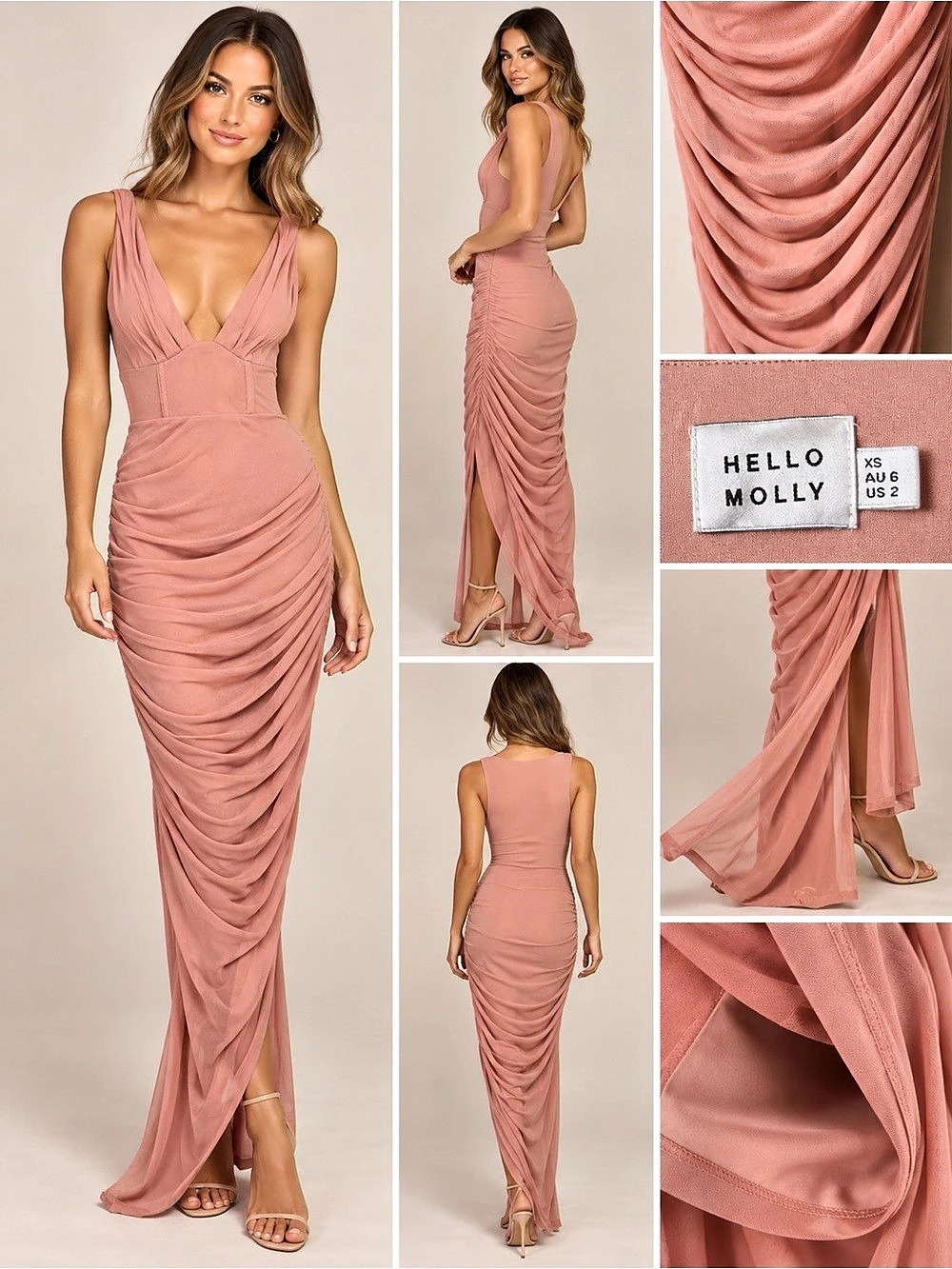 Hello Molly Dusty Rose Ruched Mesh Maxi Dress XS Formal Wedding Guest